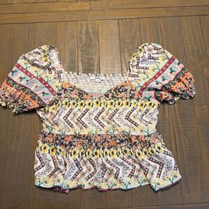 O'Neill Floral Patchwork Smocked Puff Sleeve Peasant Top Medium Boho Cottagecore